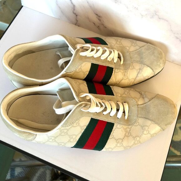 Gucci Guccissima GG Logo cream green red sneakers size 10 1/2 G 11 1/2 US Preown - Picture 1 of 16